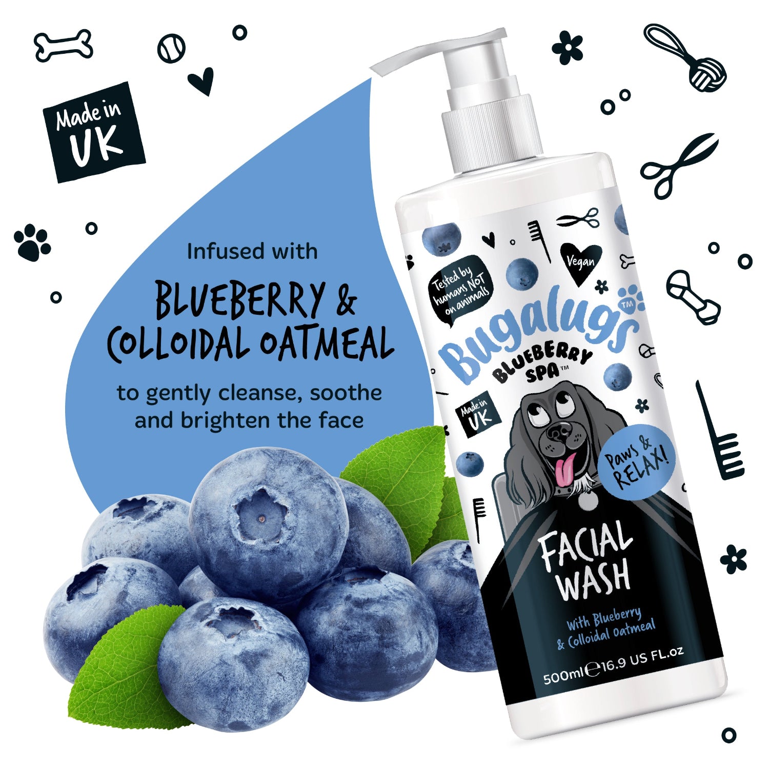 Bugalugs Blueberry & Colloidal Oatmeal facial wash with blueberries and green leaves on a white background.
