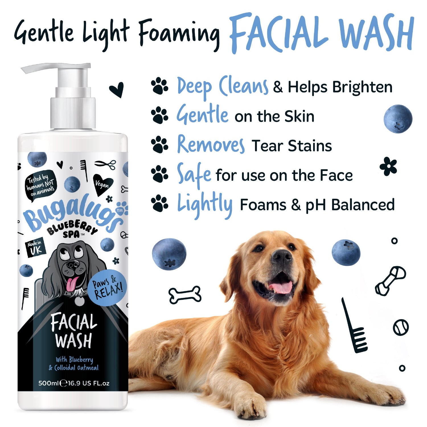 Dog facial wash product with a dog lying next to it on a white background