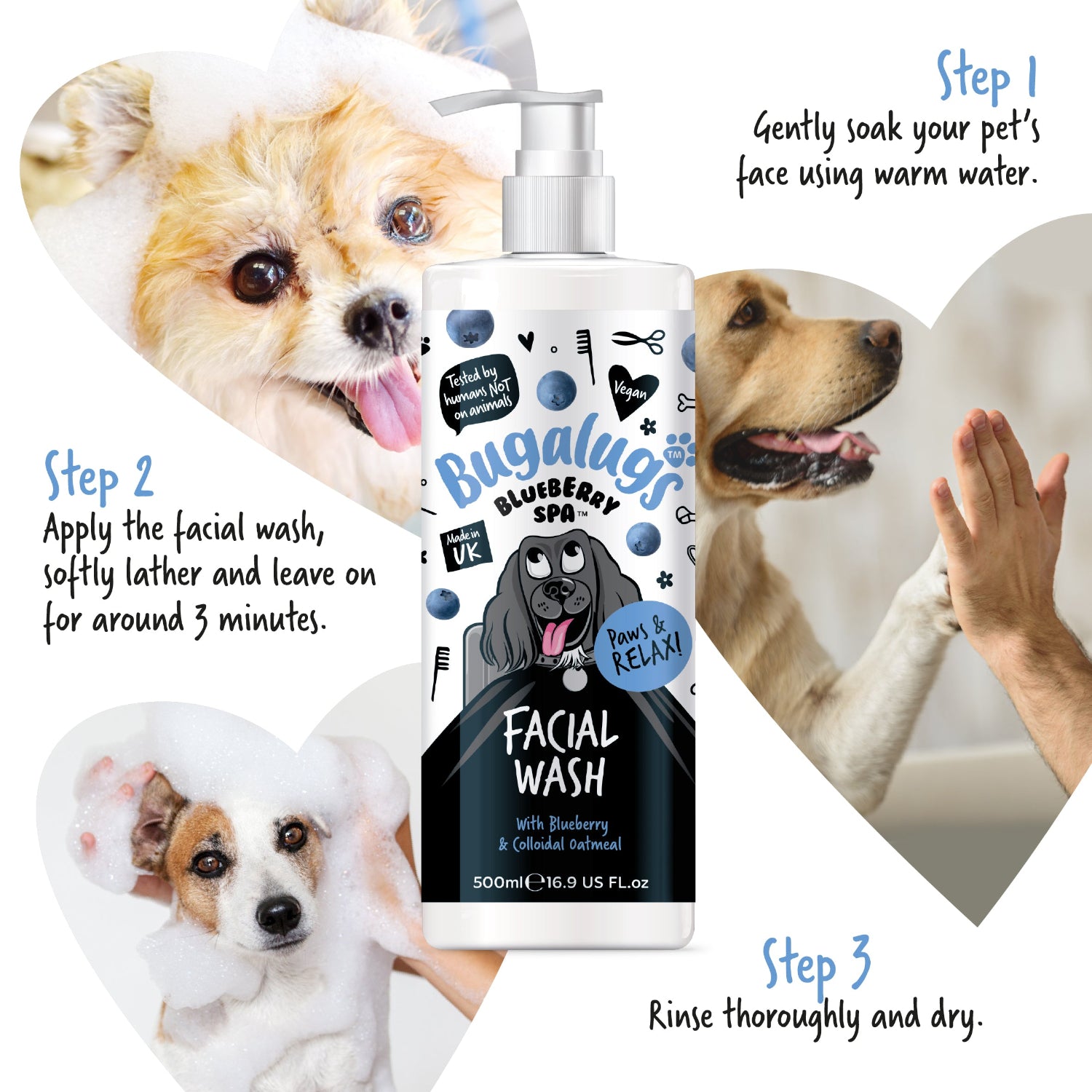 Bugalugs Blueberry Spa dog facial wash bottle with step-by-step instructions on a white background