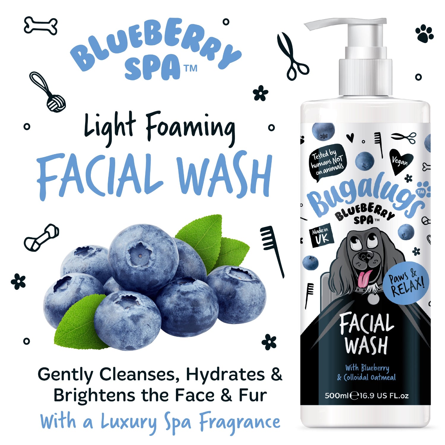 Blueberry Spa facial wash bottle with blueberries and dog illustration on a white background
