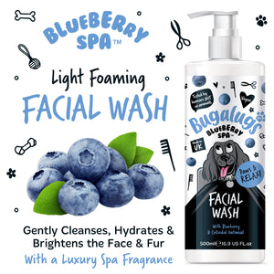 Blueberry Spa facial wash bottle with blueberries and dog illustration on a white background