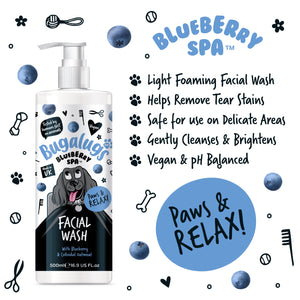 Facial wash bottle with blueberry-themed design and product information on a white background