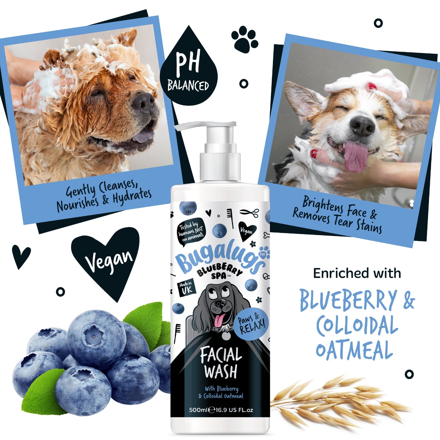 Dog wash product with images of dogs, blueberries, and oatmeal on a white background