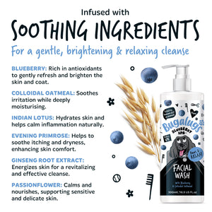 Facial wash product with blueberry and oatmeal imagery and text about soothing ingredients.