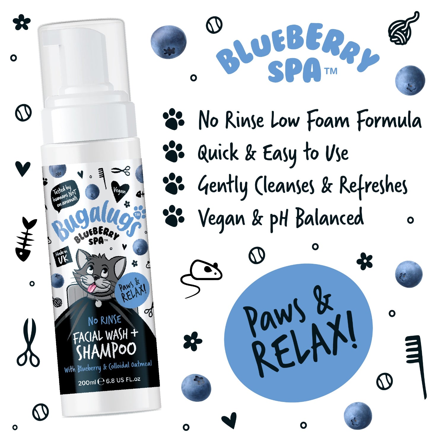 Blueberry Spa™ No Rinse Facial Wash + Shampoo with Blueberry & Colloidal Oatmeal for Cats