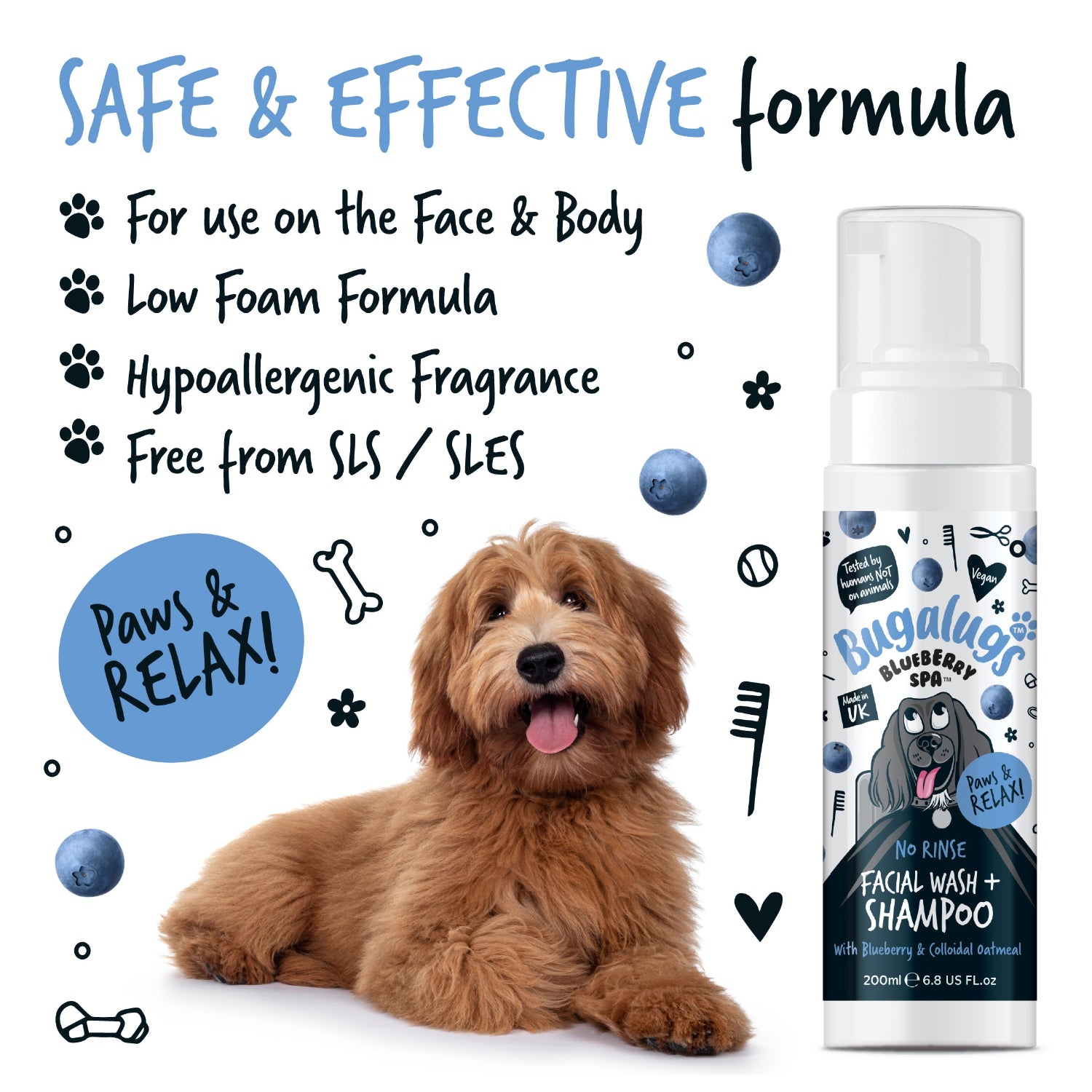 Blueberry Spa™ No-Rinse Facial Wash Shampoo for Dogs Bugalugs