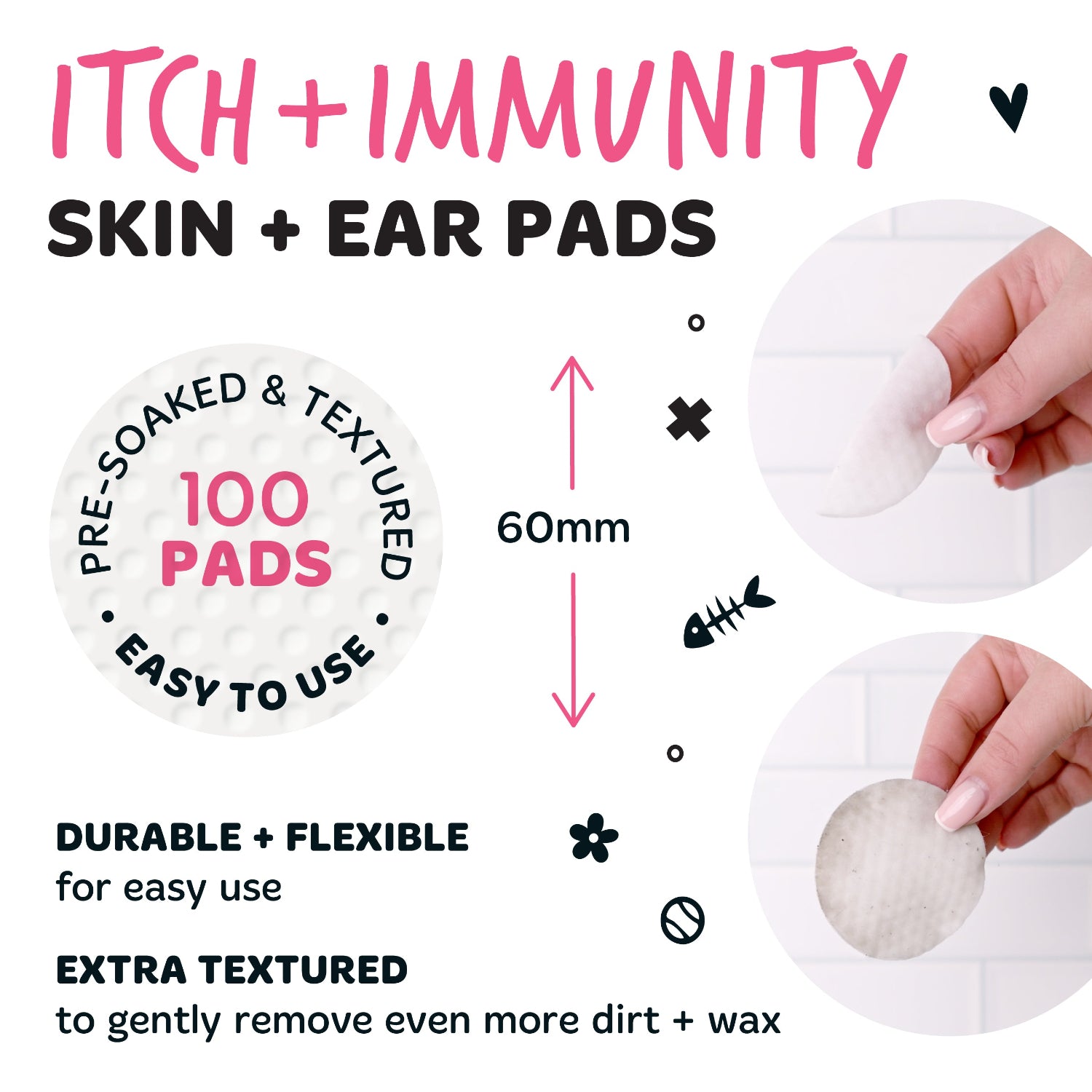 Promotional image of skin and ear pads with text highlighting features like itch relief, immunity support, and ease of use.