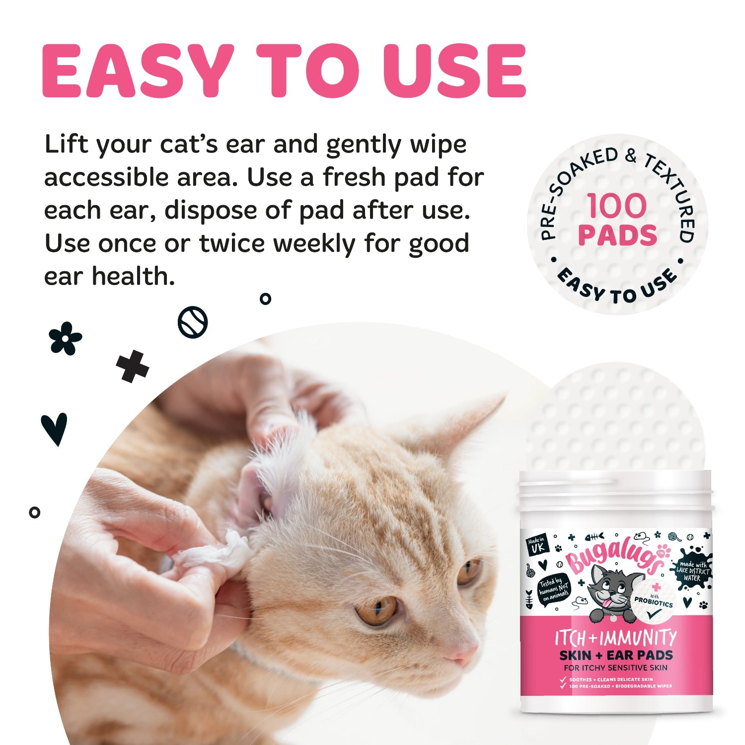 Cat ear cleaning product with instructions and a close-up of a cat's ear being cleaned.