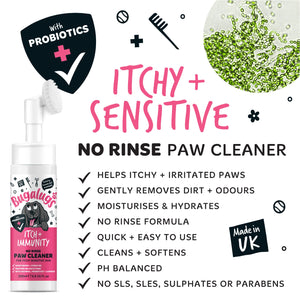 No Rinse Paw Cleaner for itchy and sensitive paws with product packaging and features listed.