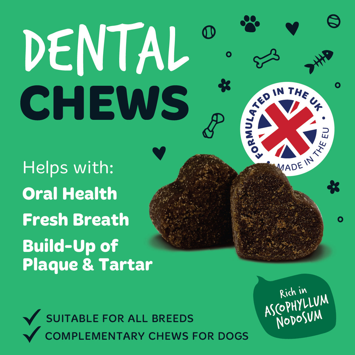 Bugalugs dental chews with Ascophyllum nodosum to support dogs’ oral health, fresh breath and everyday plaque and tartar management. Suitable for all breeds, formulated in the UK and made in the EU.