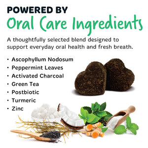 Bugalugs dental chews with Ascophyllum nodosum, peppermint leaves, activated charcoal, green tea, postbiotic, turmeric and zinc, designed to support everyday oral health and fresh breath in dogs.