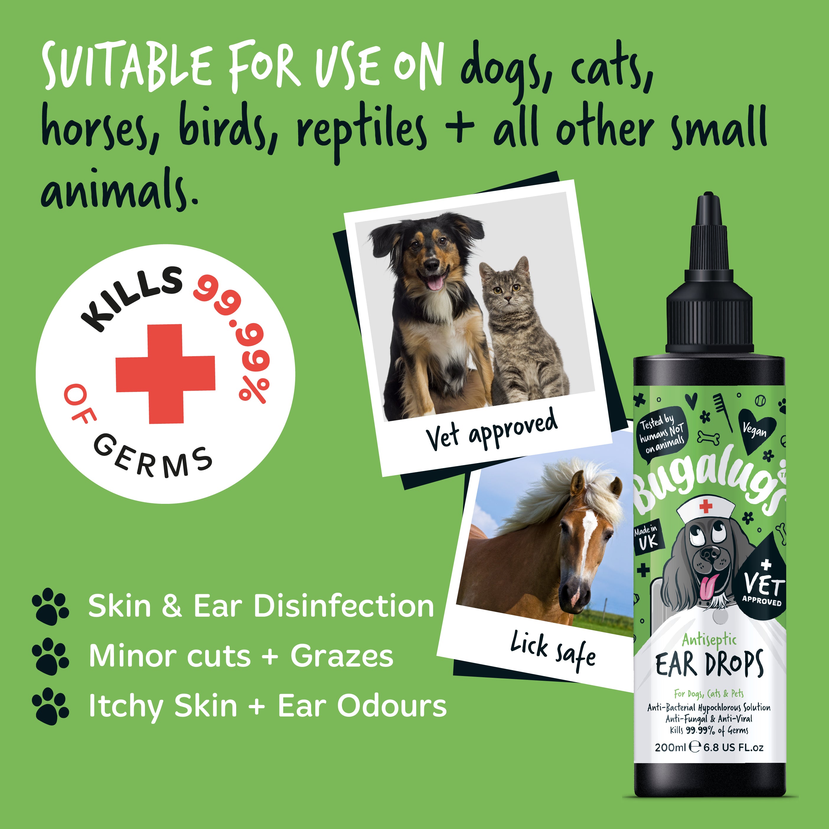 Bugalugs Antiseptic Ear Cleaner - Suitable for Pets with itchy skin, Minor grazes and ear irritation