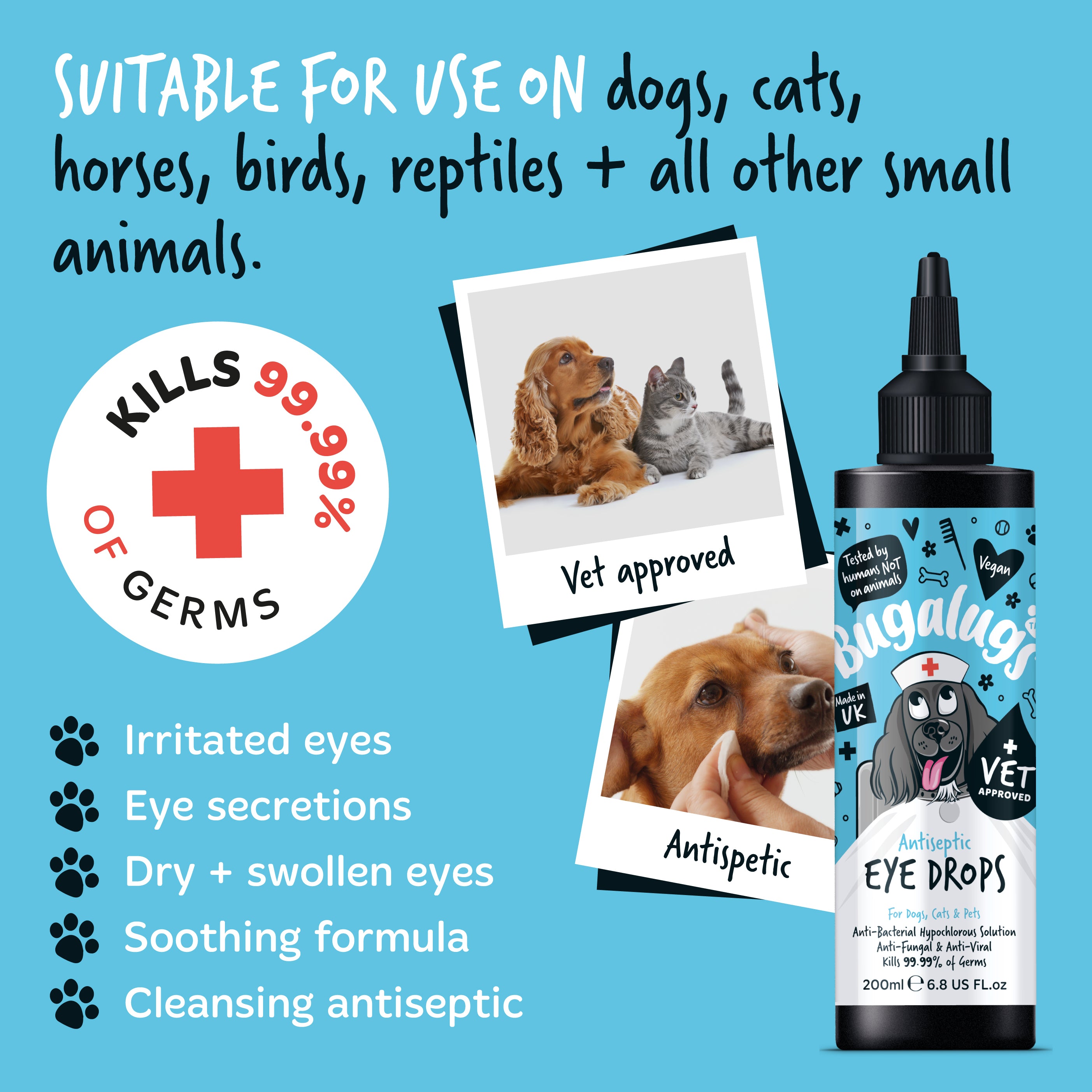 Bugalugs Antiseptic Eye Drops suitable for dogs, cats & pets