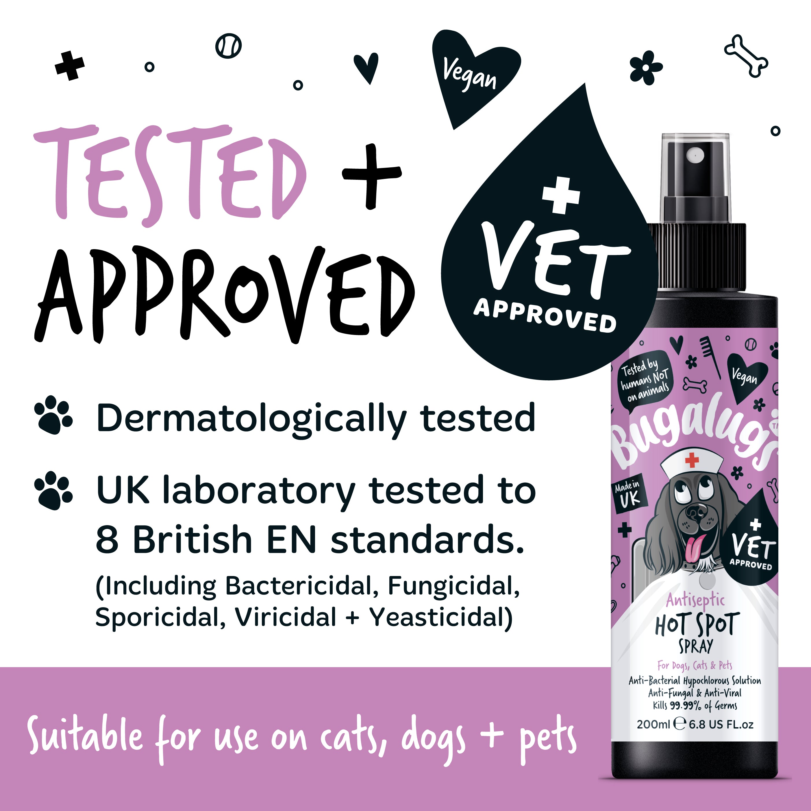 Bugalugs Antiseptic Hot Spot Spray tested and approved for dogs, cats & pets