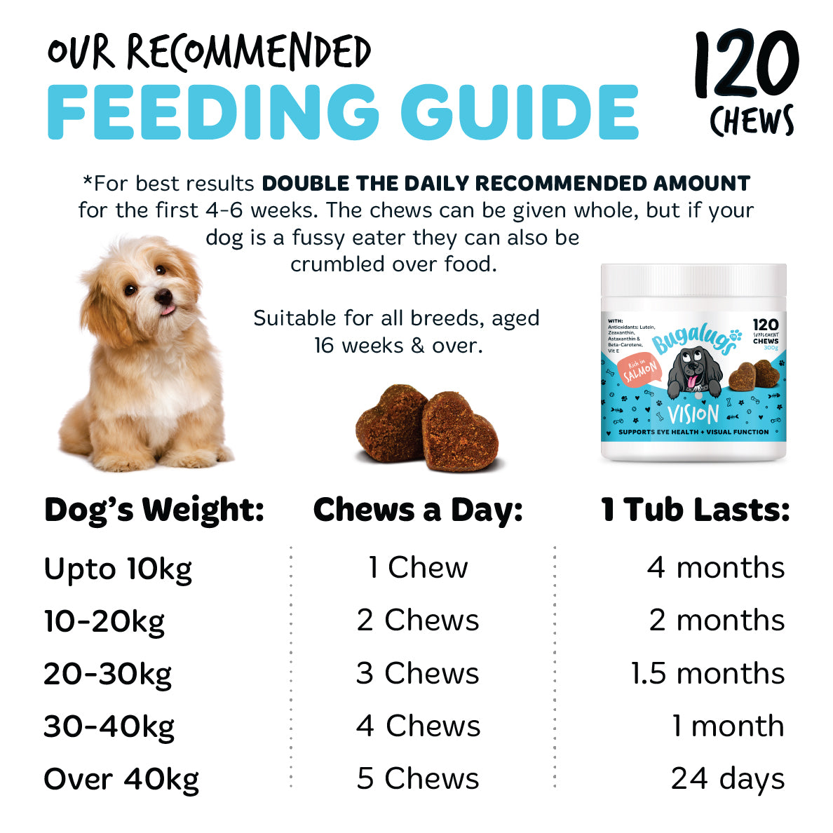 Vision chews for dogs feeding guide showing recommended daily serving by dog weight.