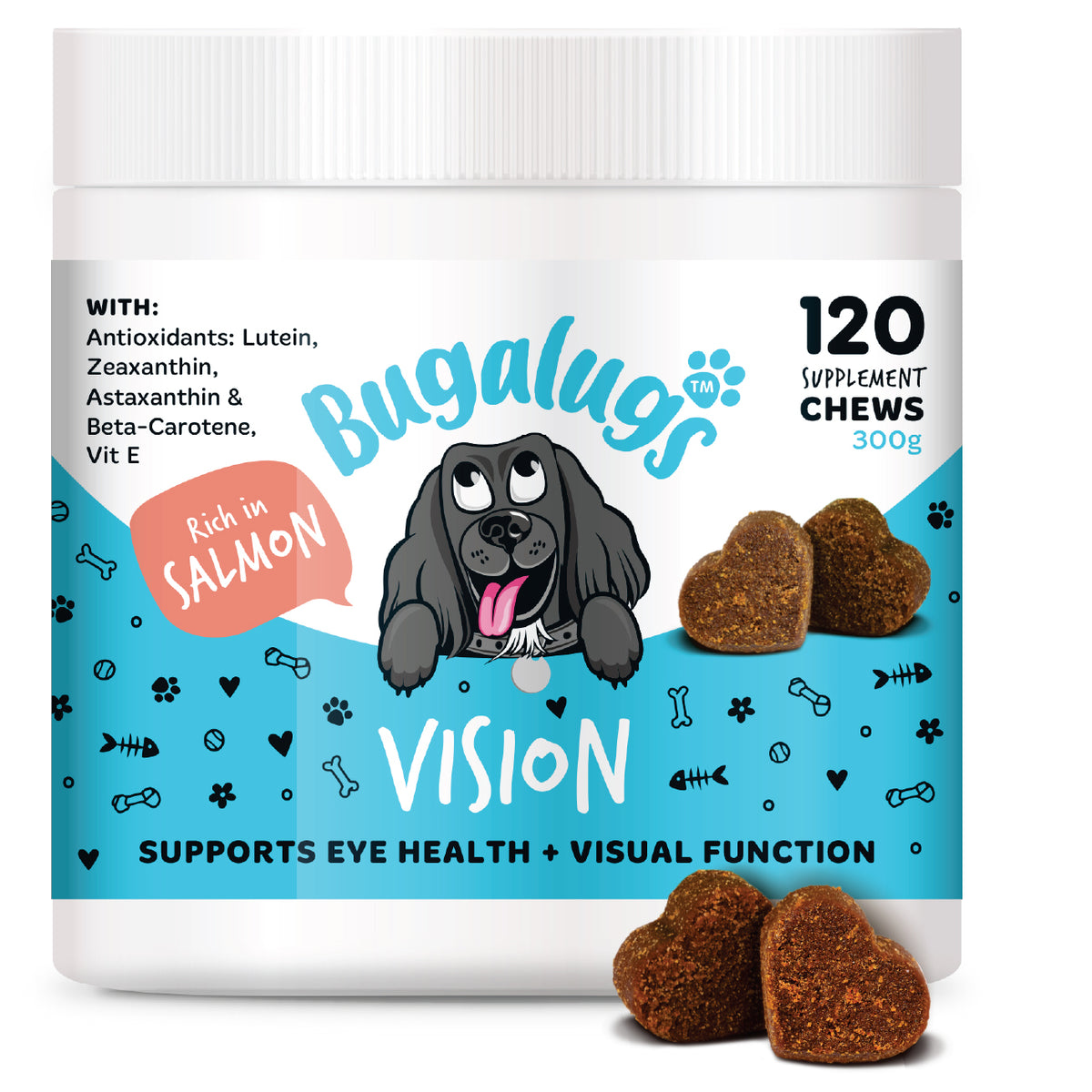 Salmon vision chews for dogs, a daily dog supplement to support healthy eyes and vision.