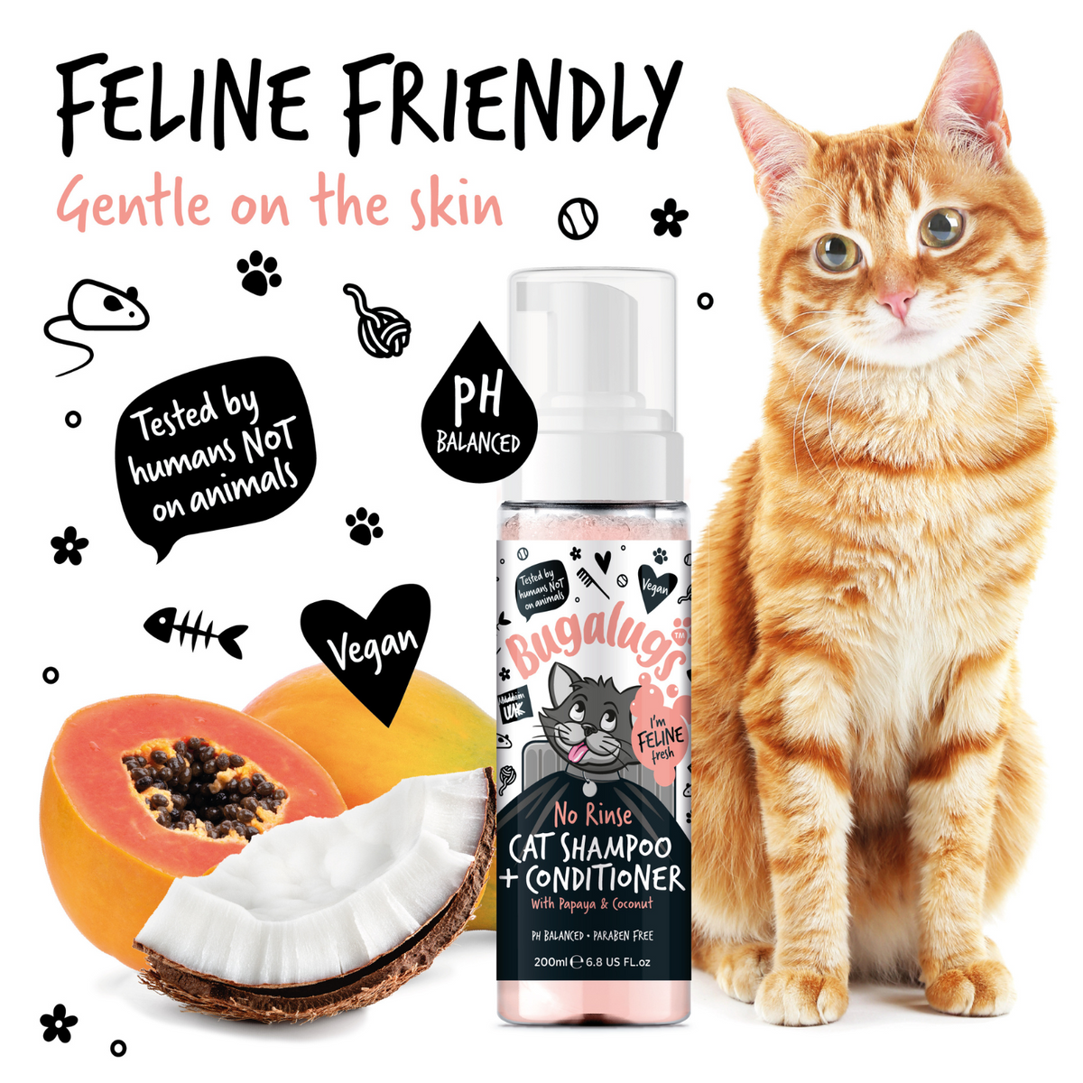 Bugalugs No Rinse Papaya & Coconut Cat Shampoo & Conditioner for Cats ...