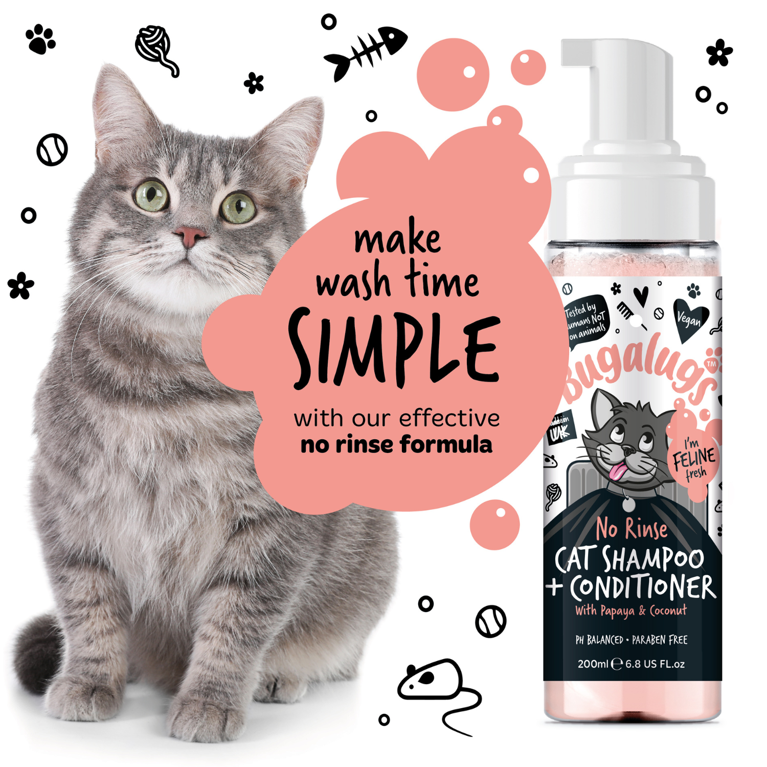 Bugalugs No Rinse Cat Shampoo and Conditioner with Papaya and Coconut - Make wash time simple with our effective no rinse formula