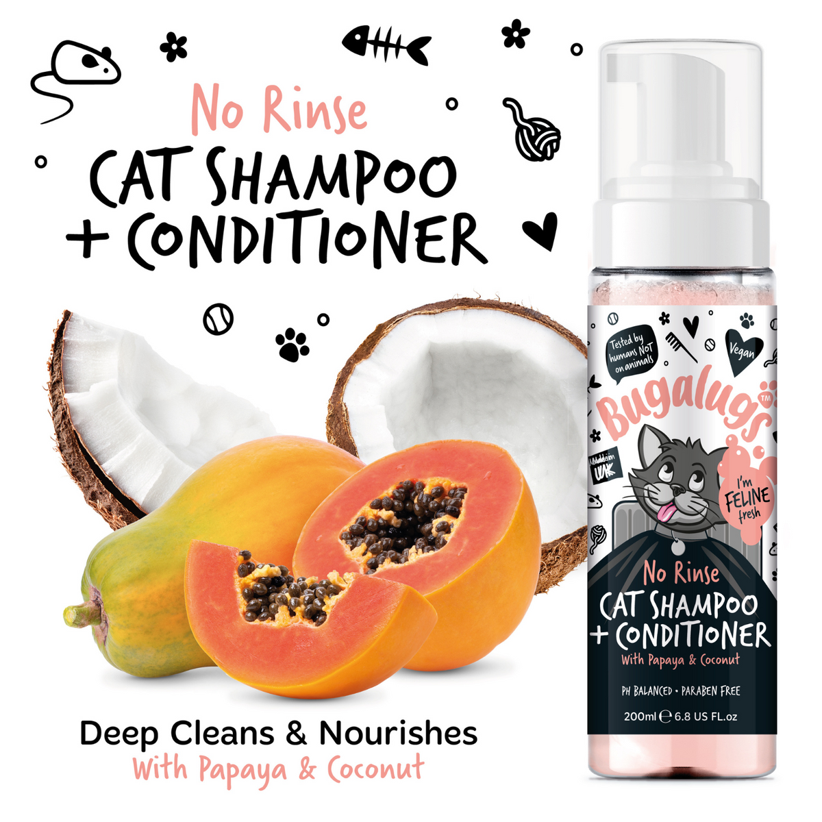 Bugalugs No Rinse Papaya & Coconut Cat Shampoo & Conditioner for Cats ...