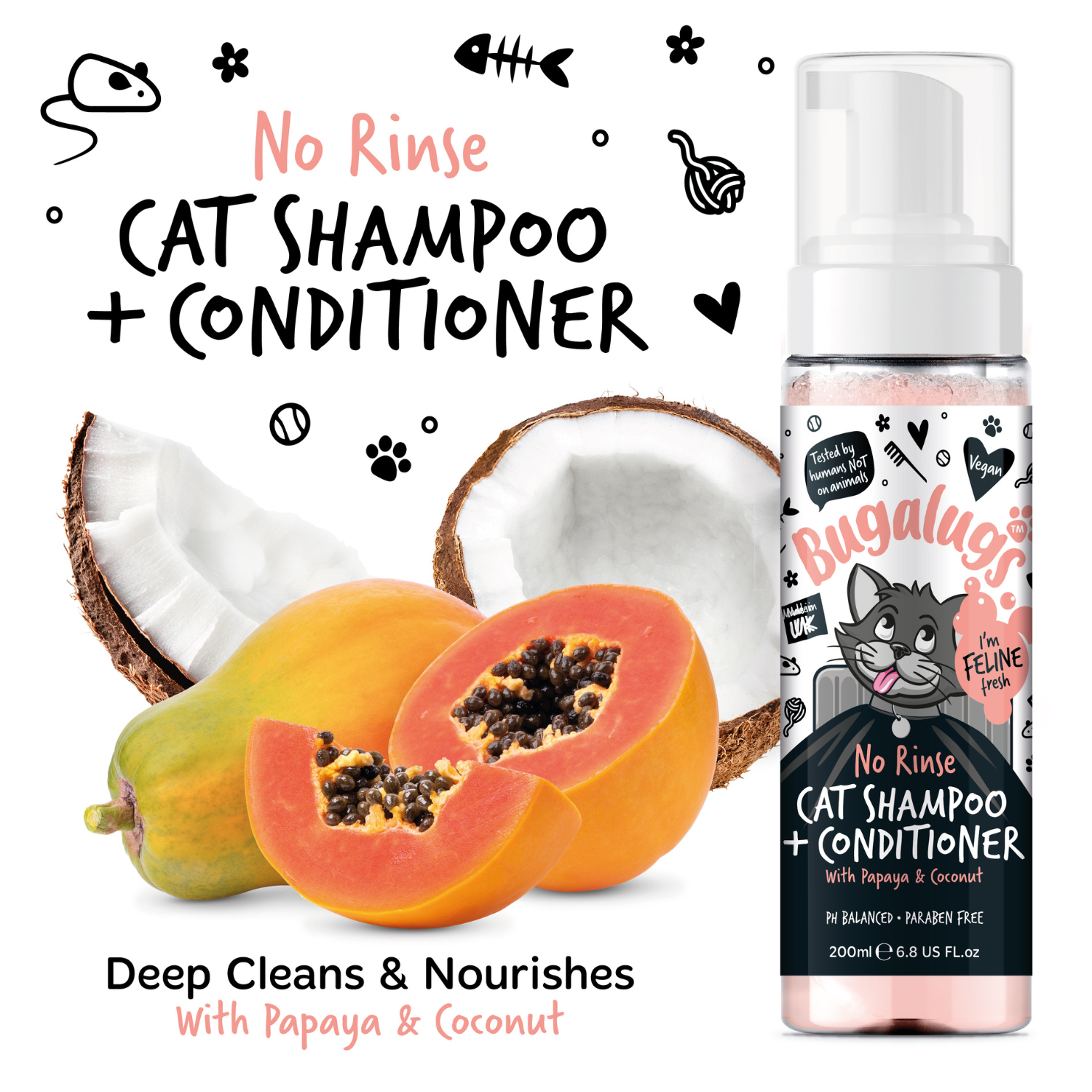 Bugalugs No Rinse Cat Shampoo and Conditioner with Papaya and Coconut - Deep cleans and nourishes