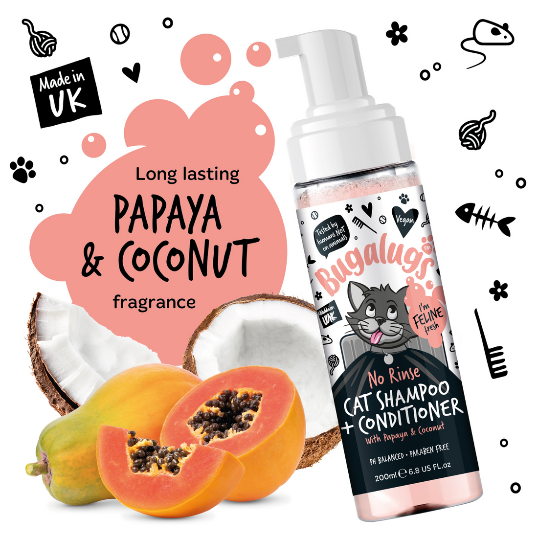 Bugalugs No Rinse Papaya & Coconut Cat Shampoo & Conditioner for Cats ...