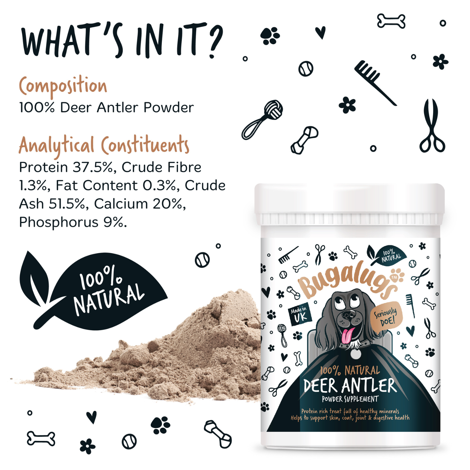 Bugalugs 100% Natural Deer Antler Powder Supplement for Dogs - 200g Pot - Composition and Constituents