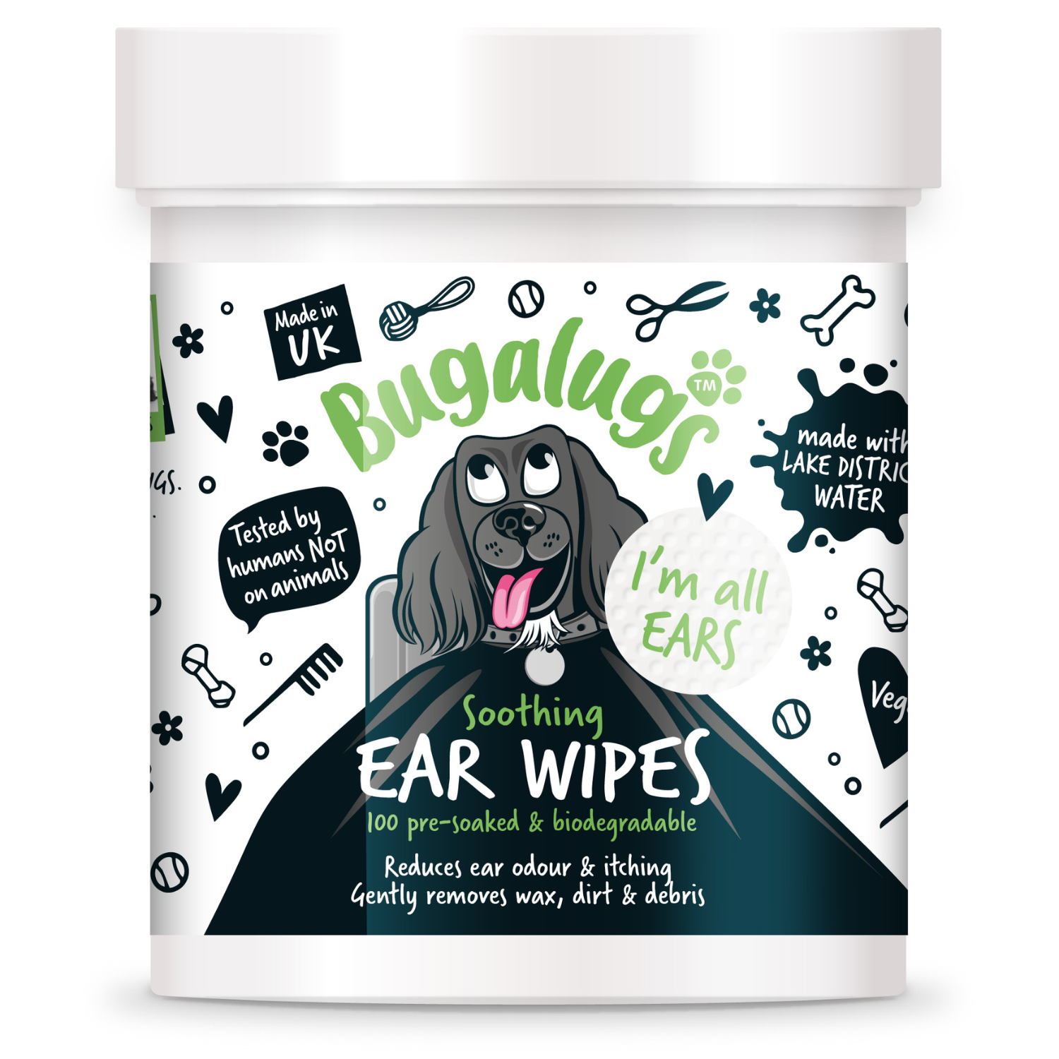 Bugalugs Soothing Ear Wipes - 100 pre-soaked and biodegradable wipes for dogs