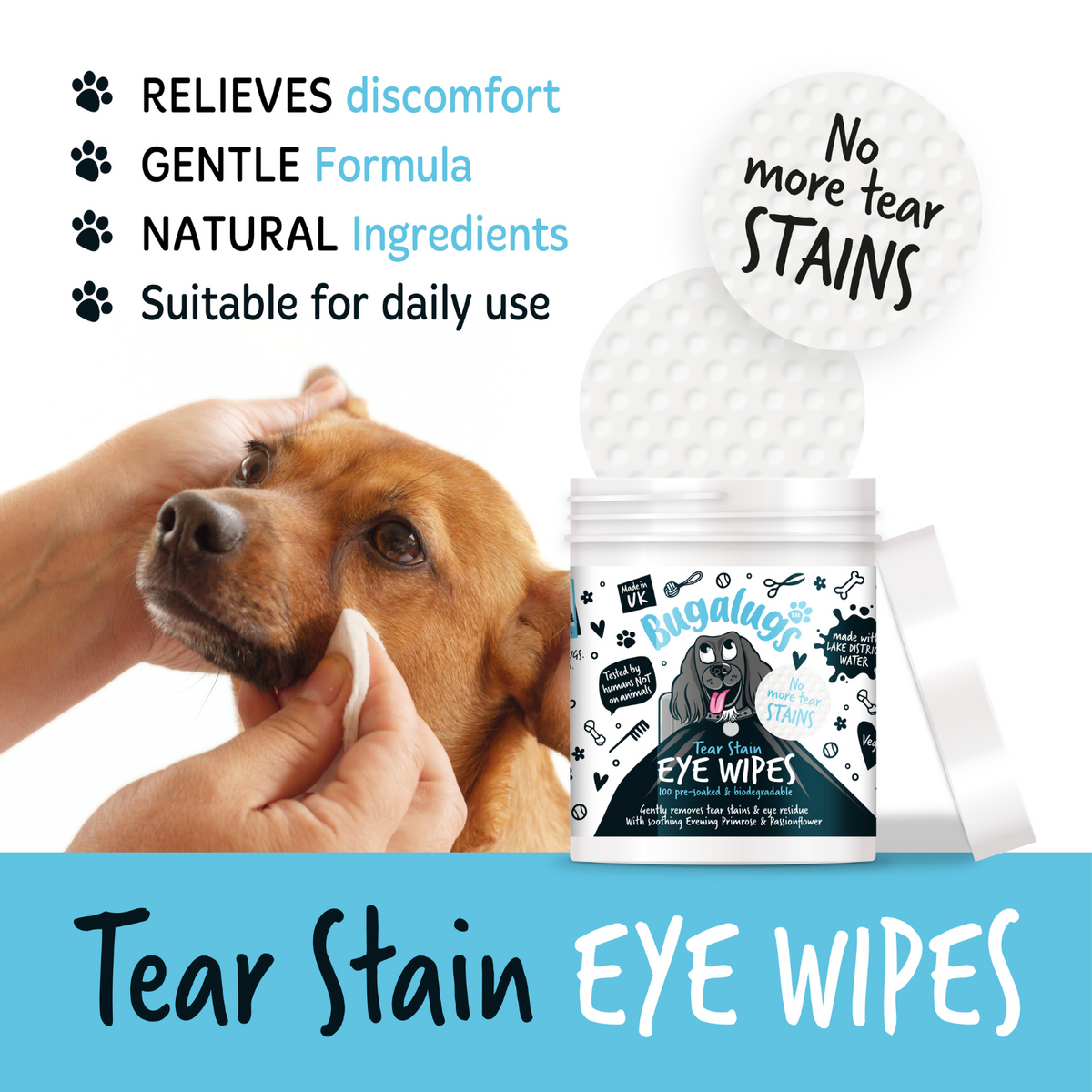 Bugalugs Tear Stain Eye Wipes for Dogs - Relieve, gentle, natural, suitable