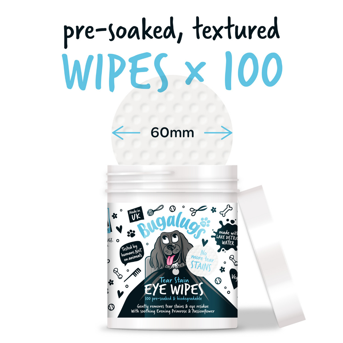 Bugalugs Tear Stain Eye Wipes for Dogs - Pre-soaked, textured wipes 60mm