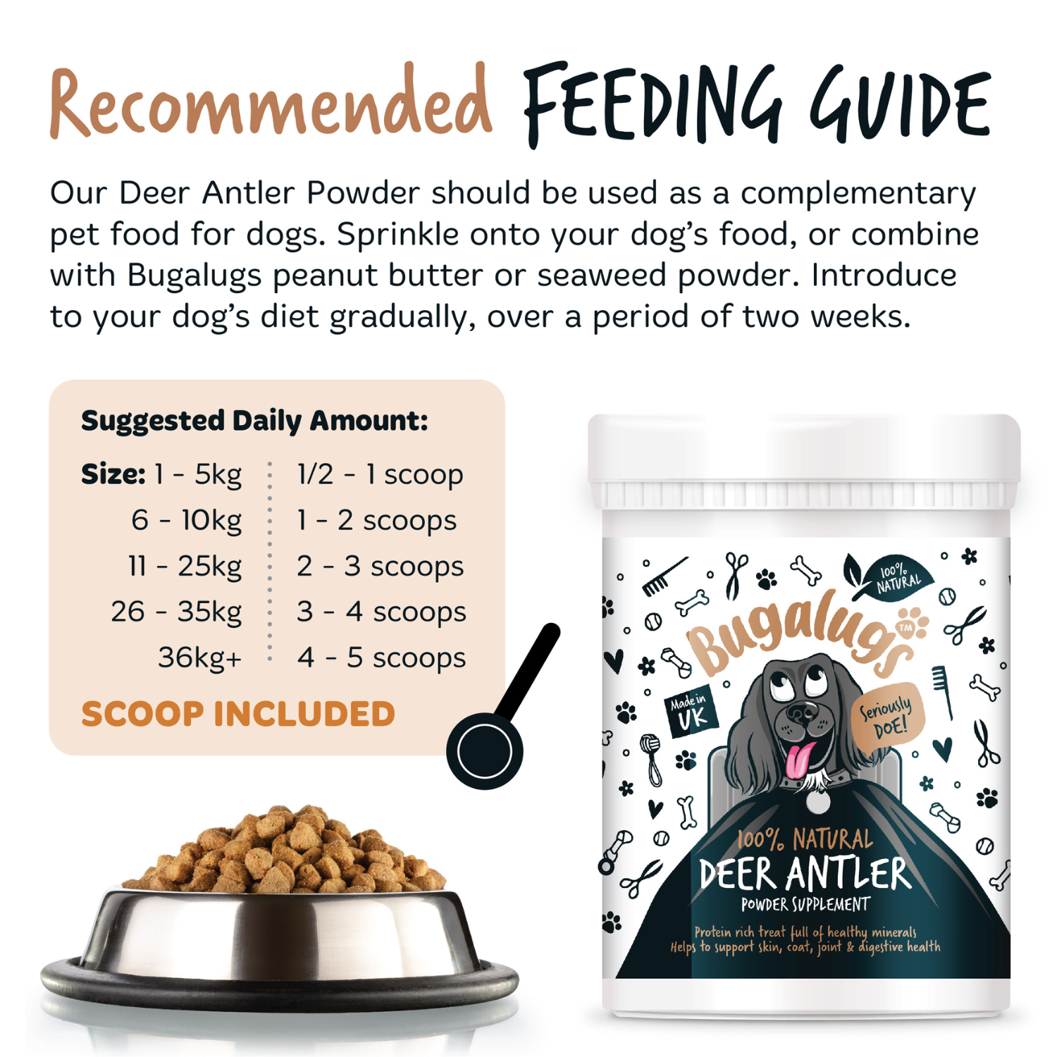 Bugalugs 100% Natural Deer Antler Powder Supplement for Dogs - 200g Pot - Recommended feeding guide