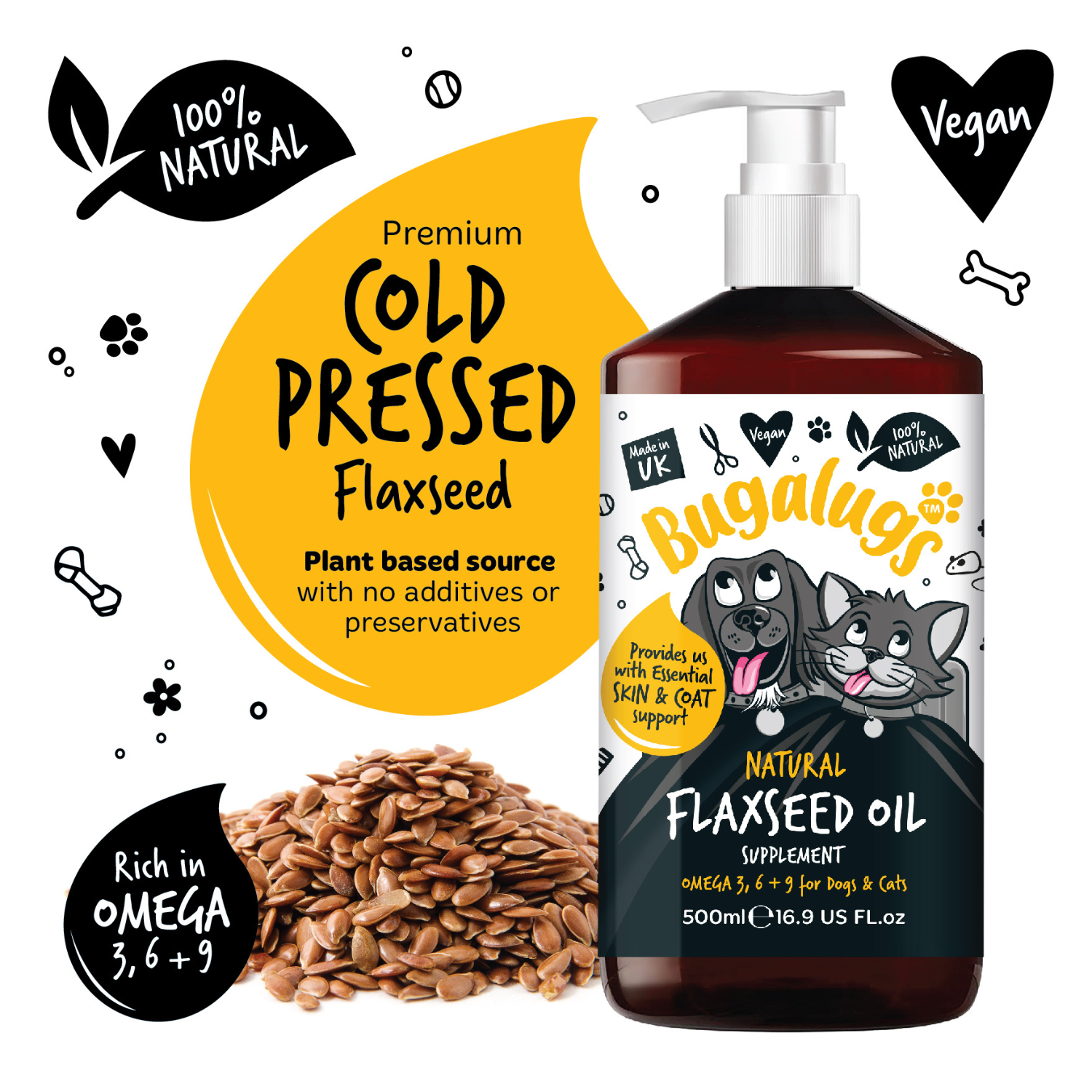 Bugalugs Natural Flaxseed Oil Supplement - Plant-based source with no additives or preservatives