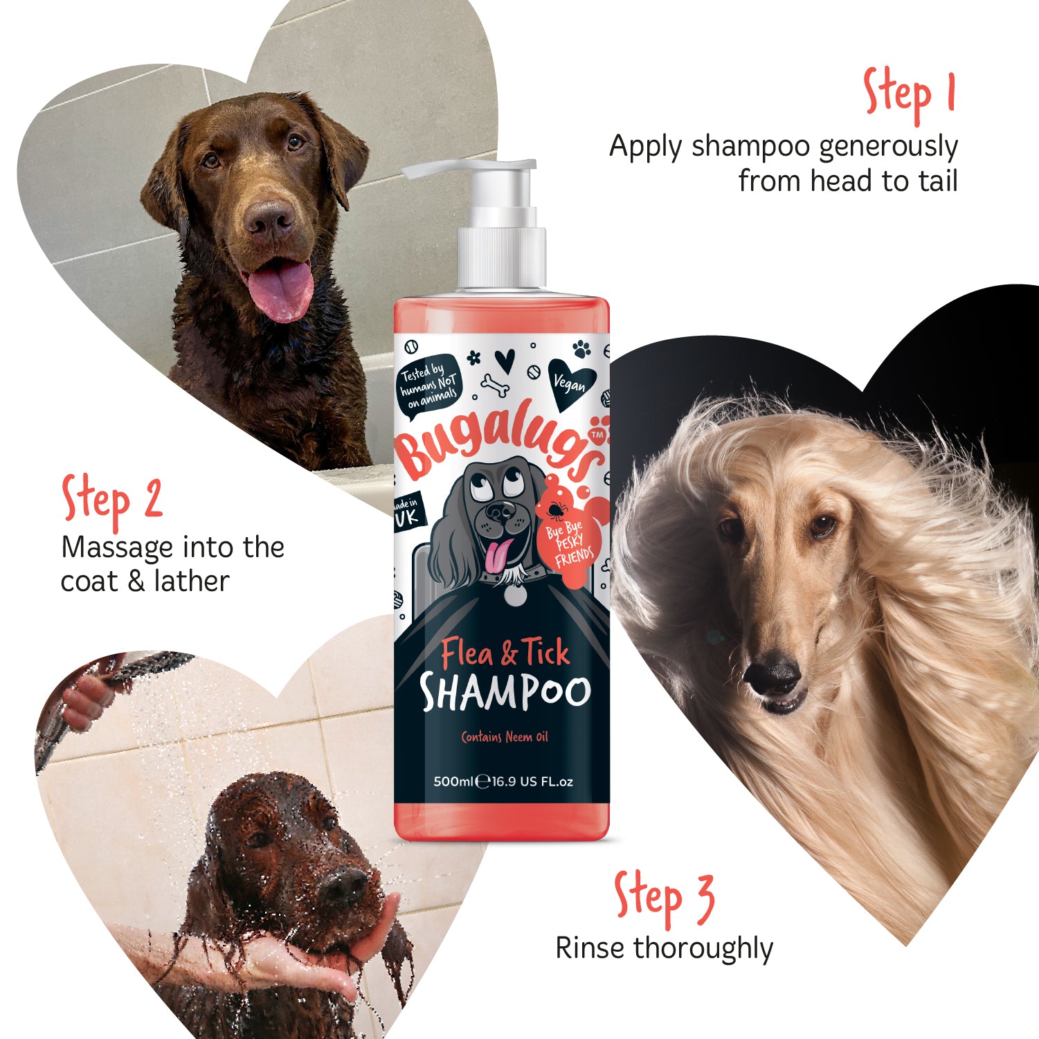 Bugalugs Flea and Tick Shampoo for Dogs - 3 Steps - How to use