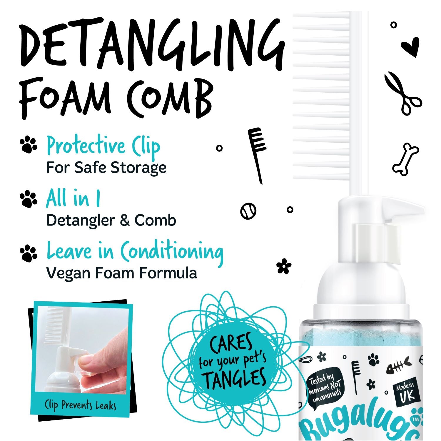 Bugalugs 2-in-1 Fragrance Free Detangling Foam Comb and Leave-in Conditioner - Protective clip, all-in-1, leave-in conditioning