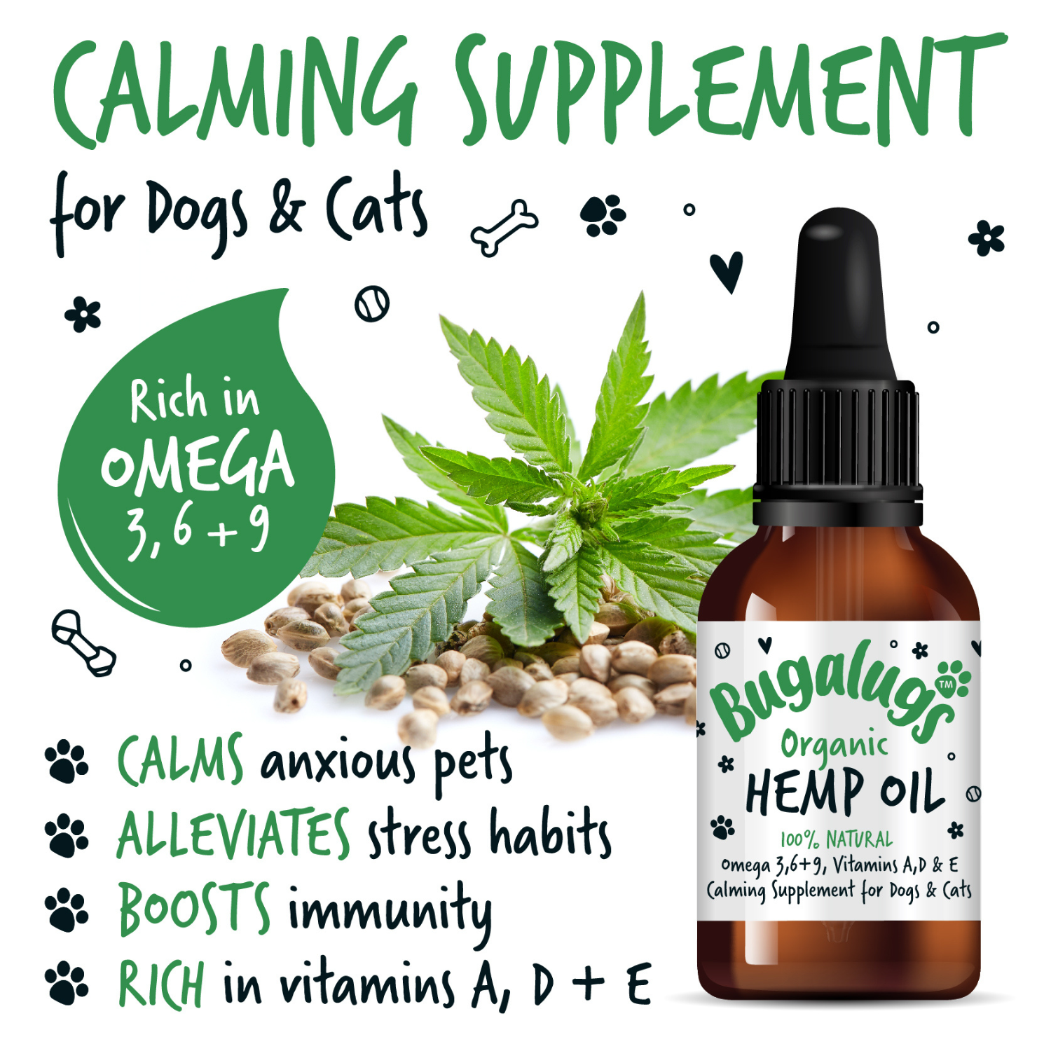 Bugalugs Organic Hemp Oil - Calming supplement for dogs and cats