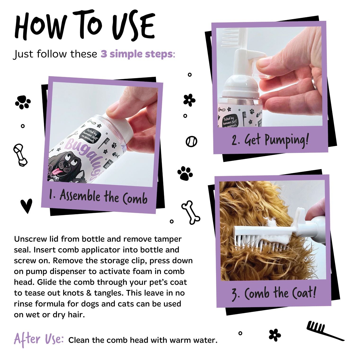 Bugalugs 2-in-1 Lavender and Chamomile Detangling Foam Comb - How to use - 3 simple steps