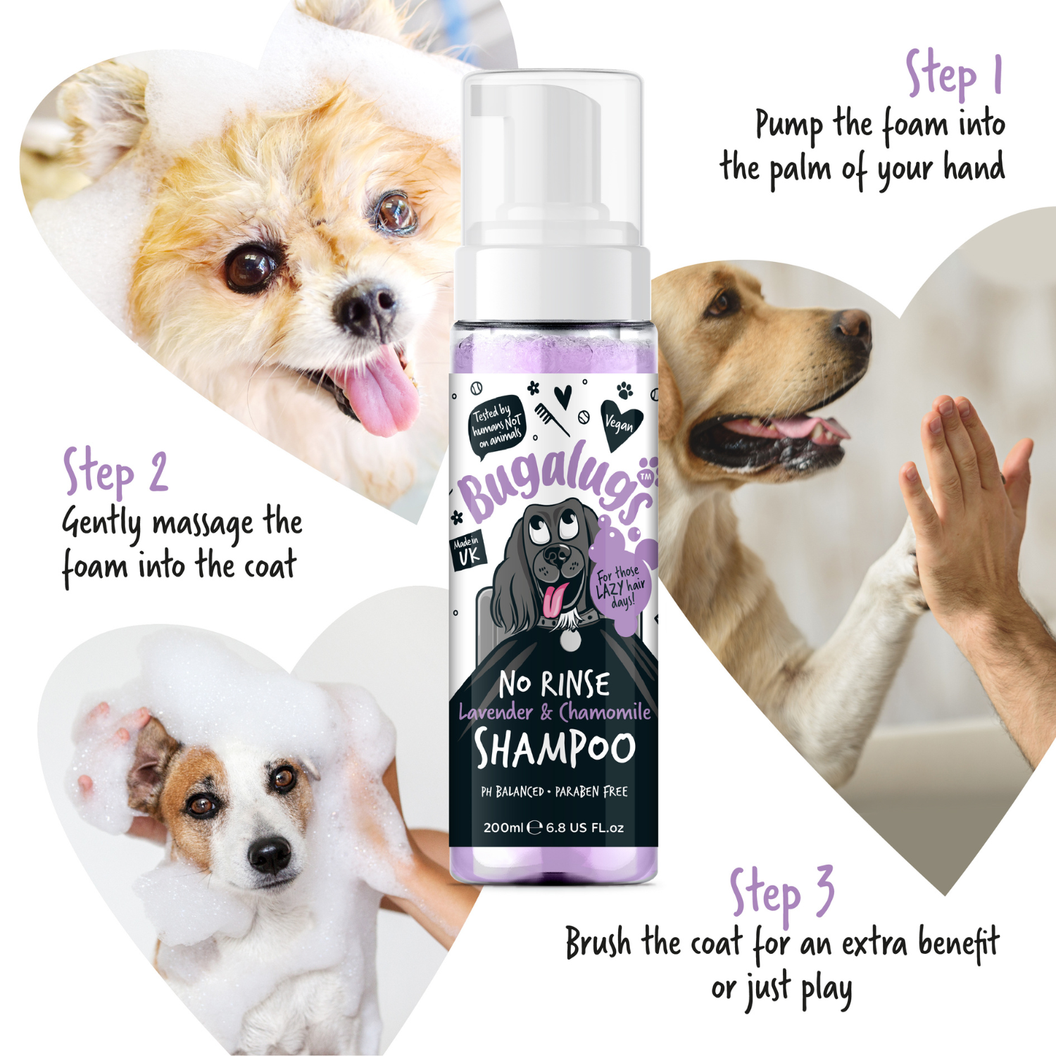 Bugalugs No Rinse Lavender and Chamomile Shampoo for Dogs - How to use - 3 easy steps