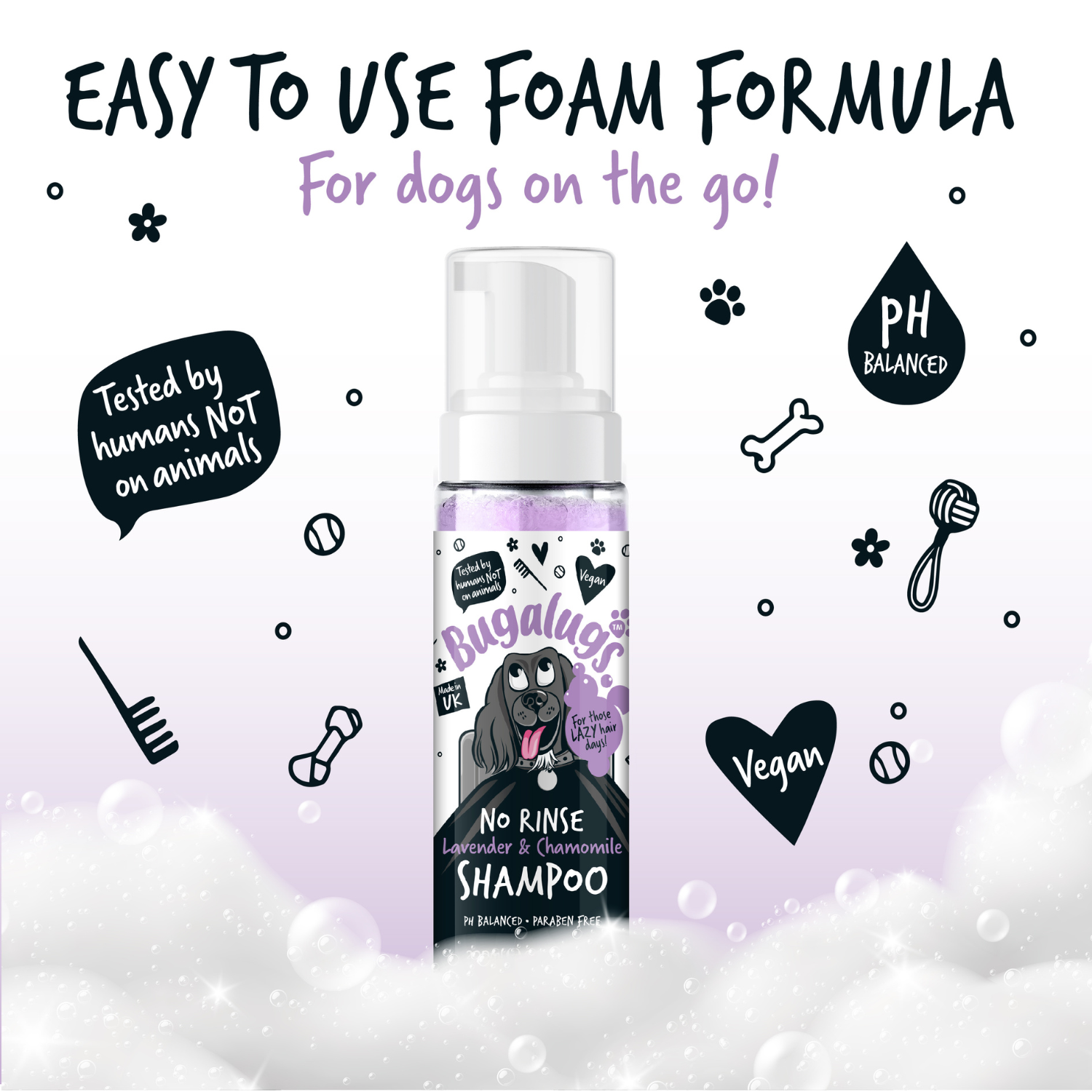 Bugalugs No Rinse Lavender and Chamomile Shampoo for Dogs - Easy to use foam formula for dogs on the go