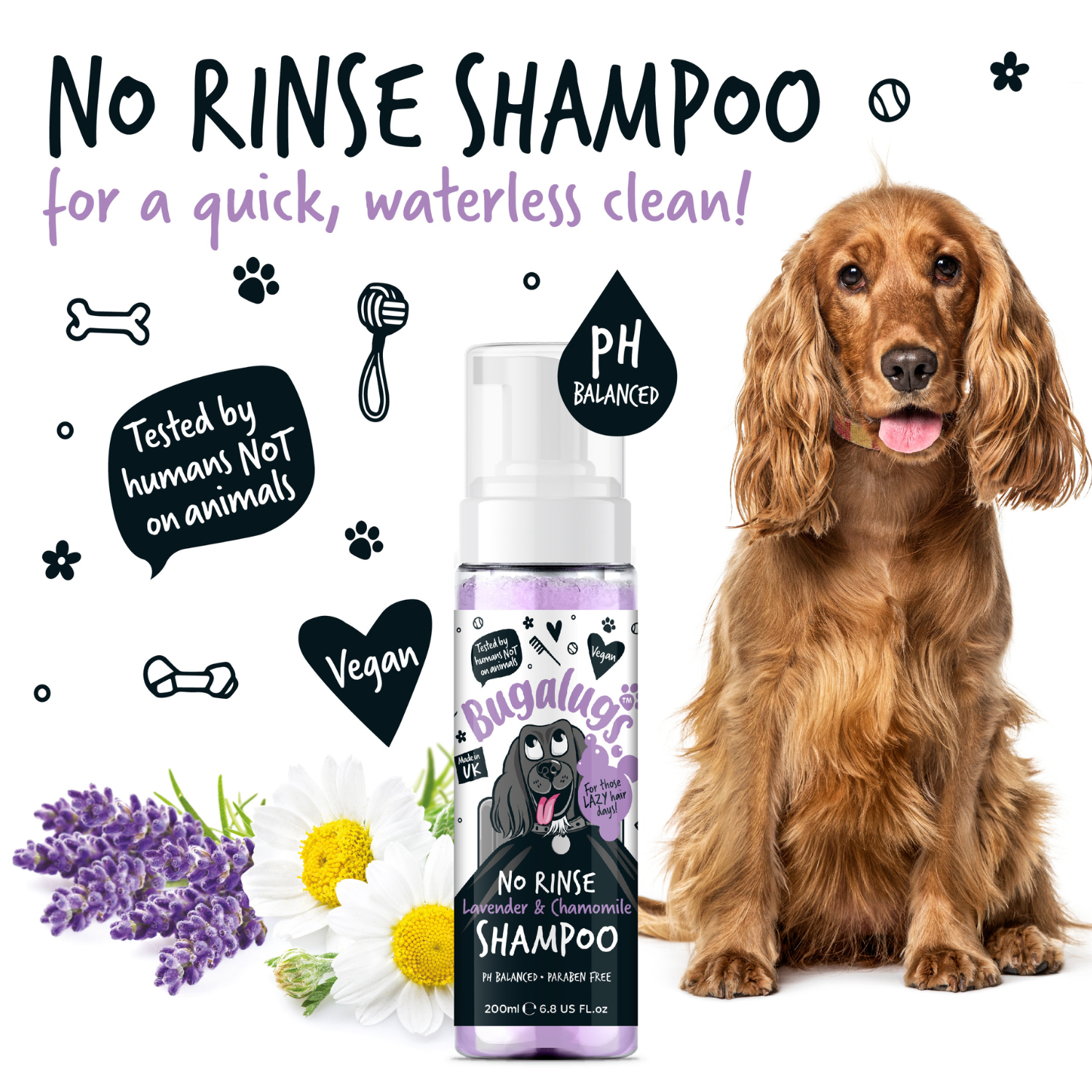 Bugalugs No Rinse Lavender and Chamomile Shampoo for Dogs - For a quick, waterless clean