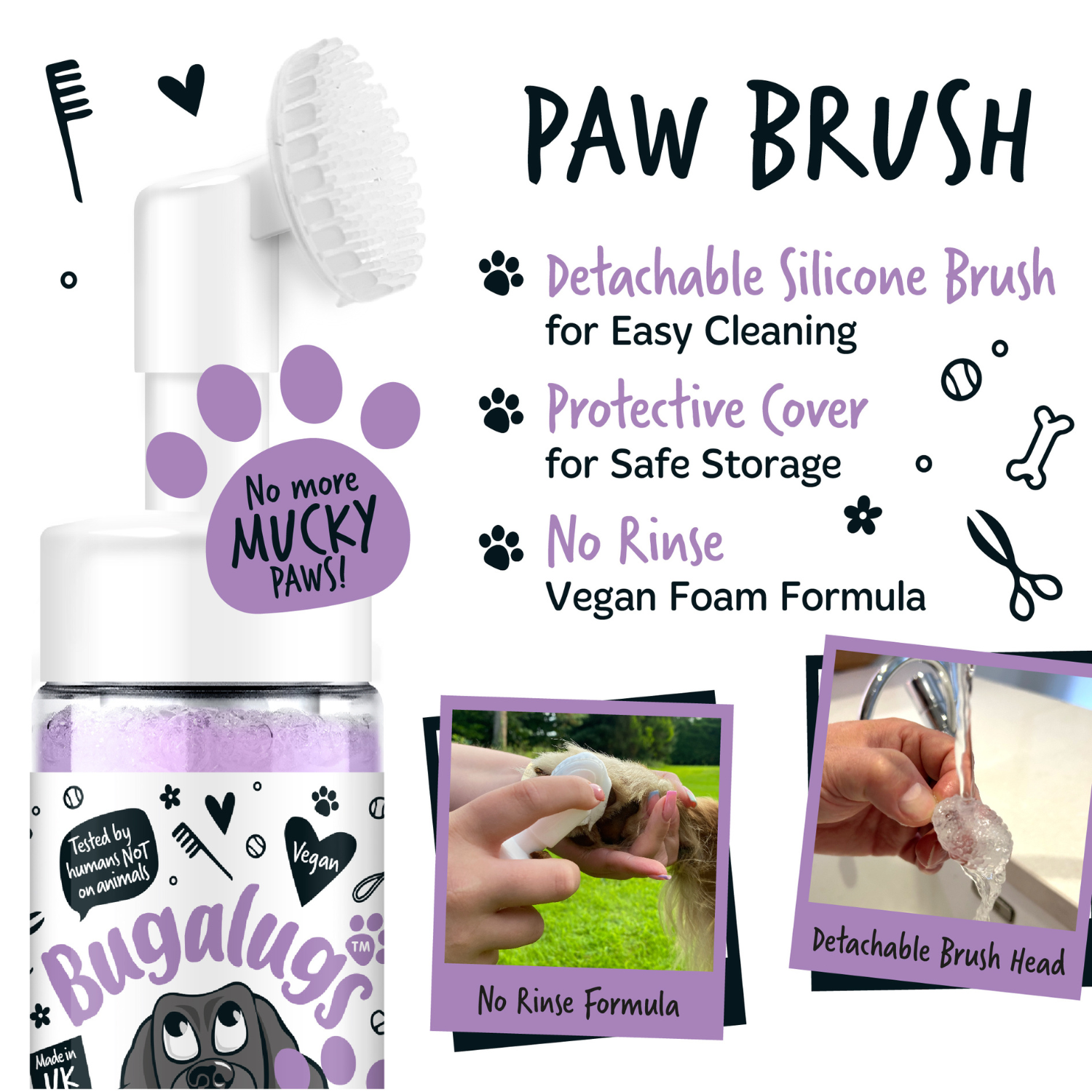 Bugalugs No Rinse Lavender and Chamomile Paw Cleaner - Silicone brush, protective cover, no rinse