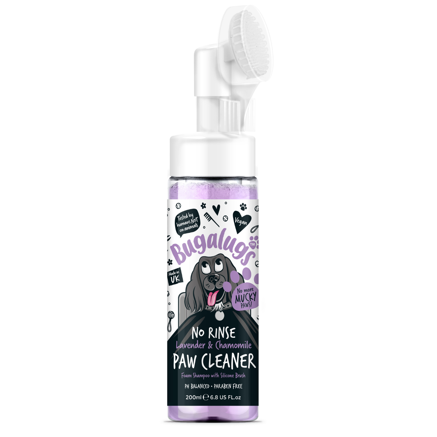 Bugalugs No Rinse Lavender and Chamomile Paw Cleaner - Foam Shampoo with Silicone Brush - For Cats and Dogs