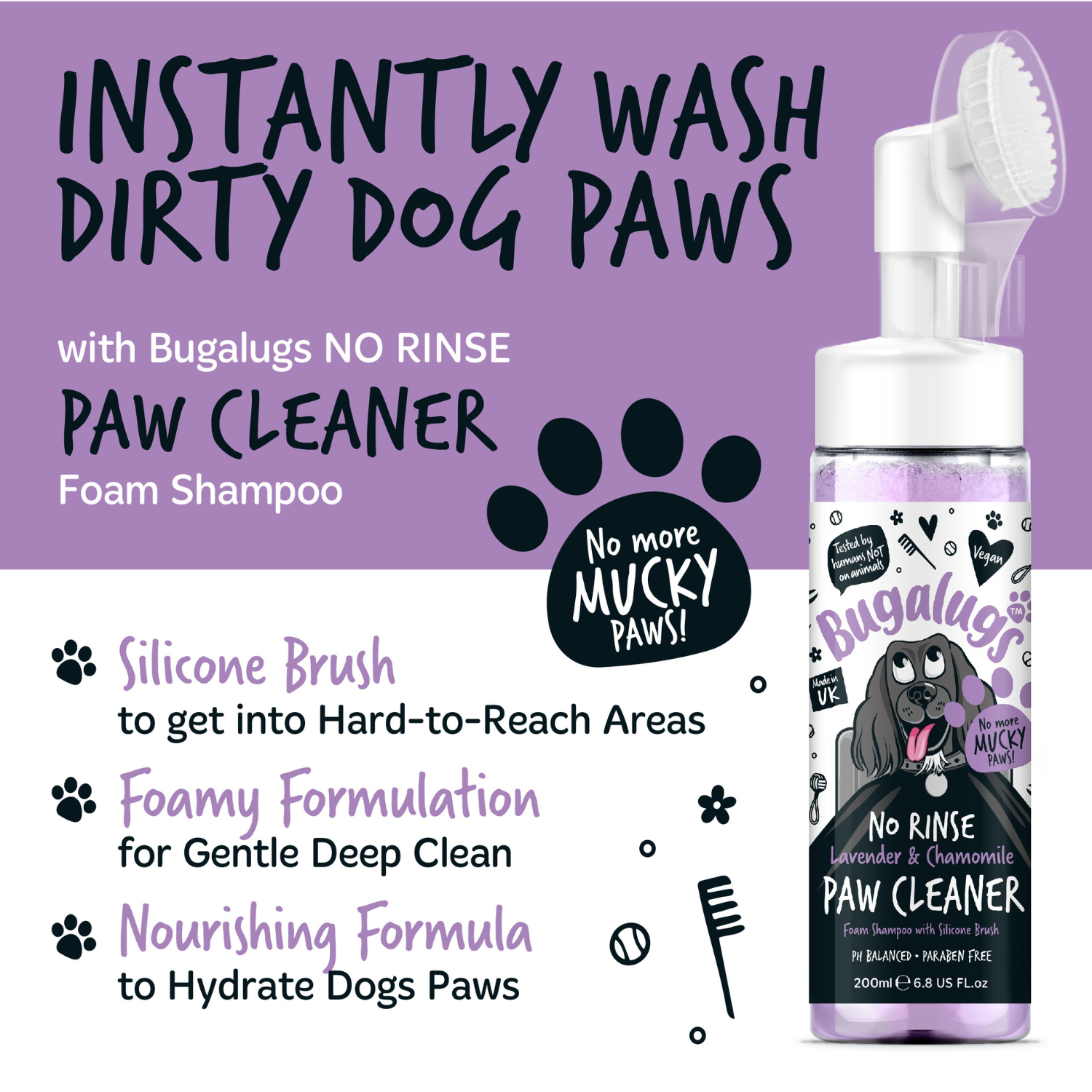 Bugalugs No Rinse Lavender and Chamomile Paw Cleaner - Instantly wash dirty dog paws