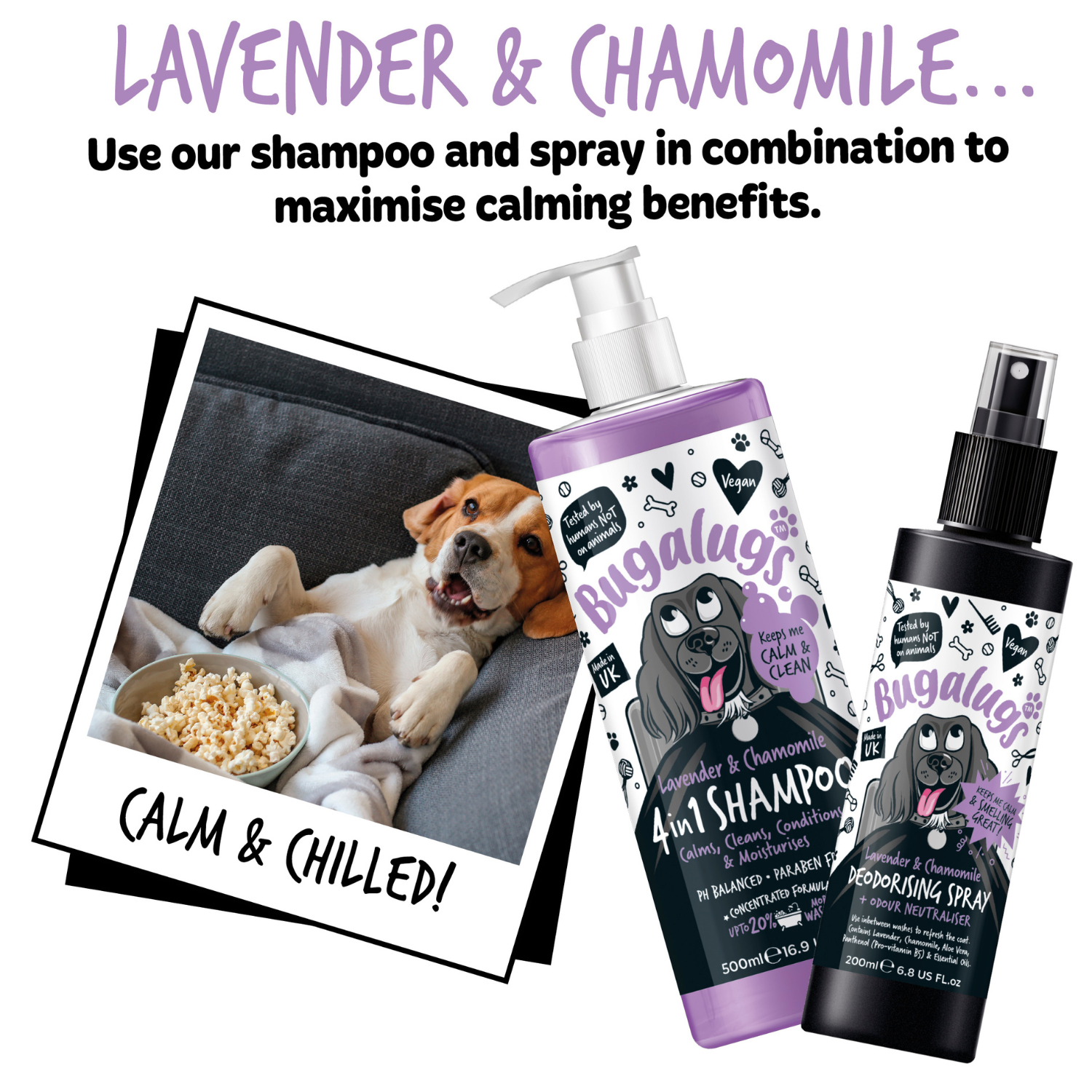 Bugalugs Lavender and Chamomile Deodorising Spray & Odour Neutraliser - Use our shampoo and spray in combination to maximise calming benefits