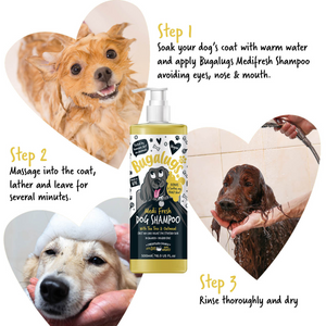 Bugalugs Medi Fresh Dog Shampoo with Tea Tree and Oatmeal - How to use - 3 Steps