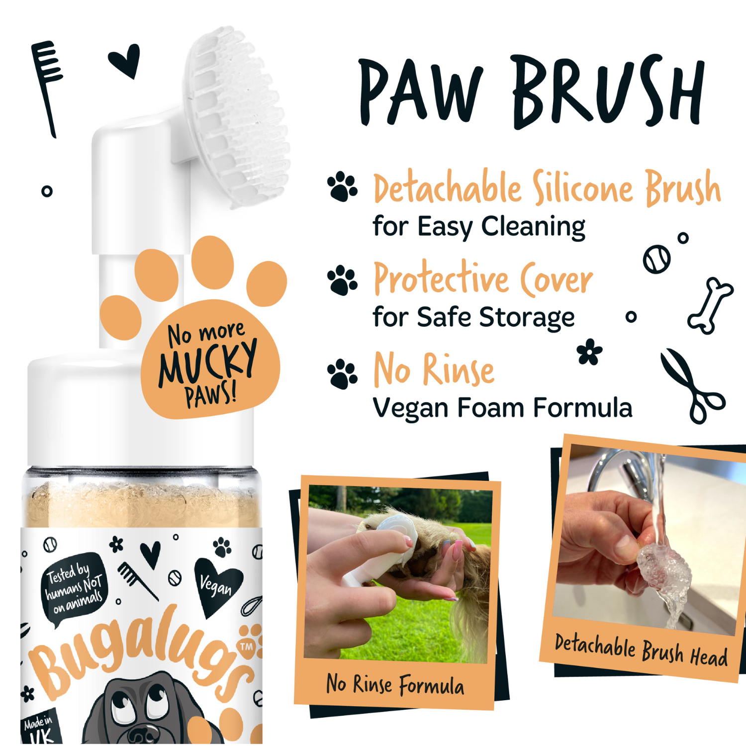 Bugalugs No Rinse Oatmeal Paw Cleaner Foam Shampoo - Paw brush - No more mucky paws