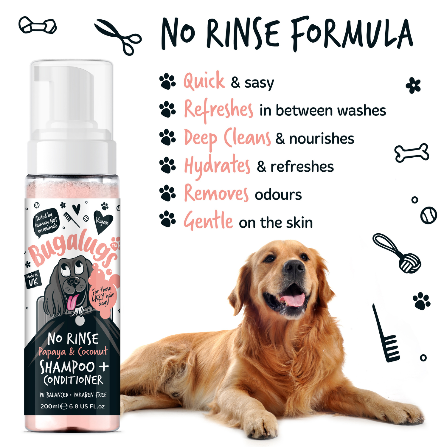 Bugalugs No Rinse Papaya and Coconut Shampoo and Conditioner for Dogs - Key benefits