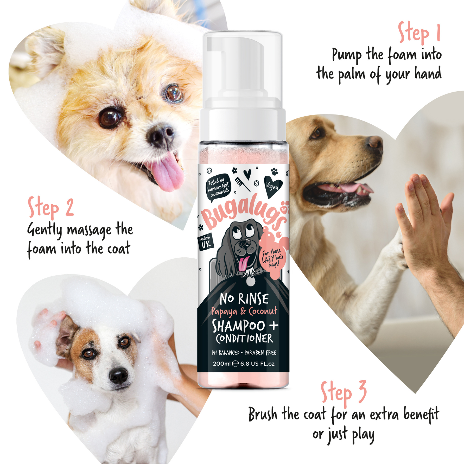Bugalugs No Rinse Papaya and Coconut Shampoo and Conditioner for Dogs - How to use - 3 steps