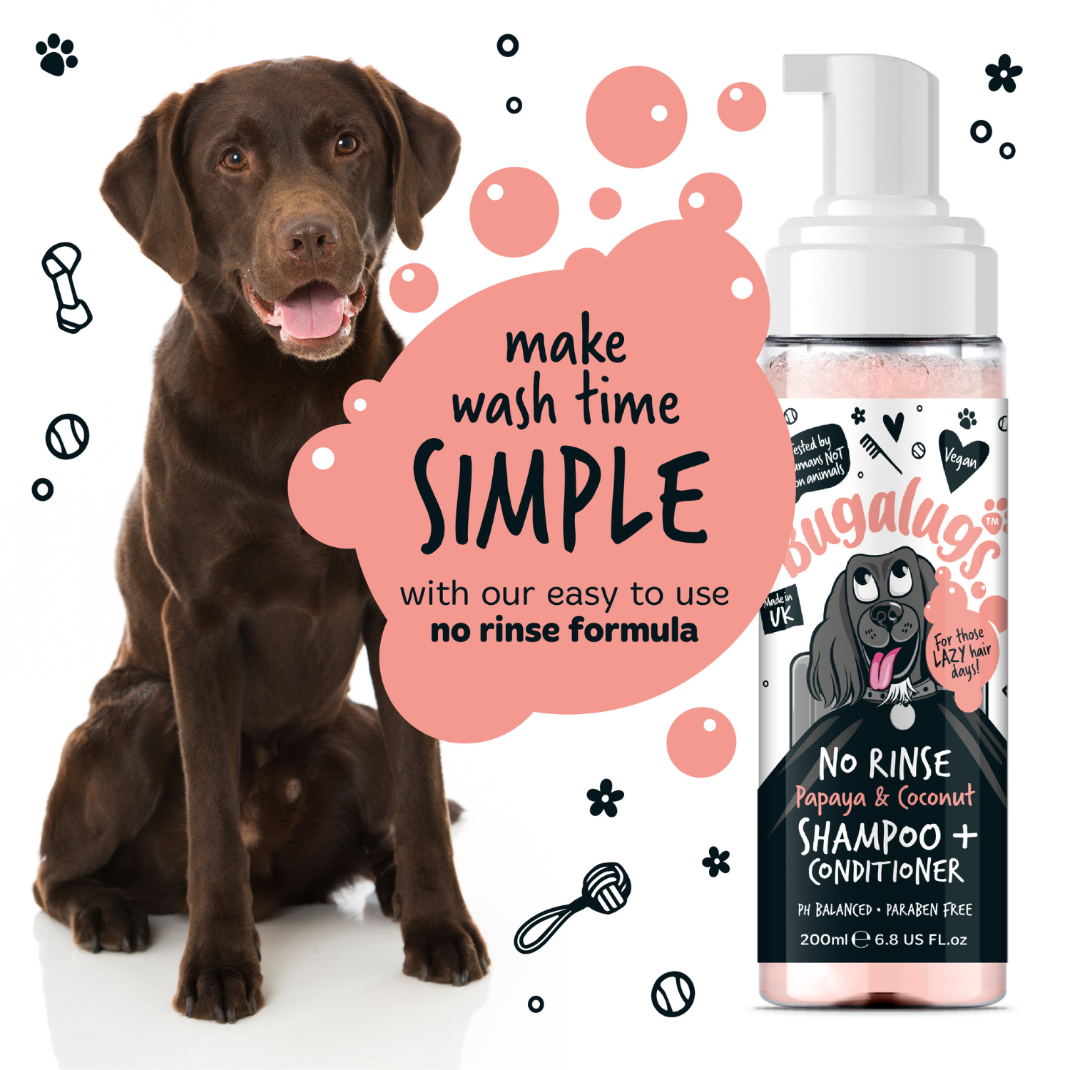 Bugalugs No Rinse Papaya and Coconut Shampoo and Conditioner for Dogs - Make wash time simple with our easy-to-use no-rinse formula