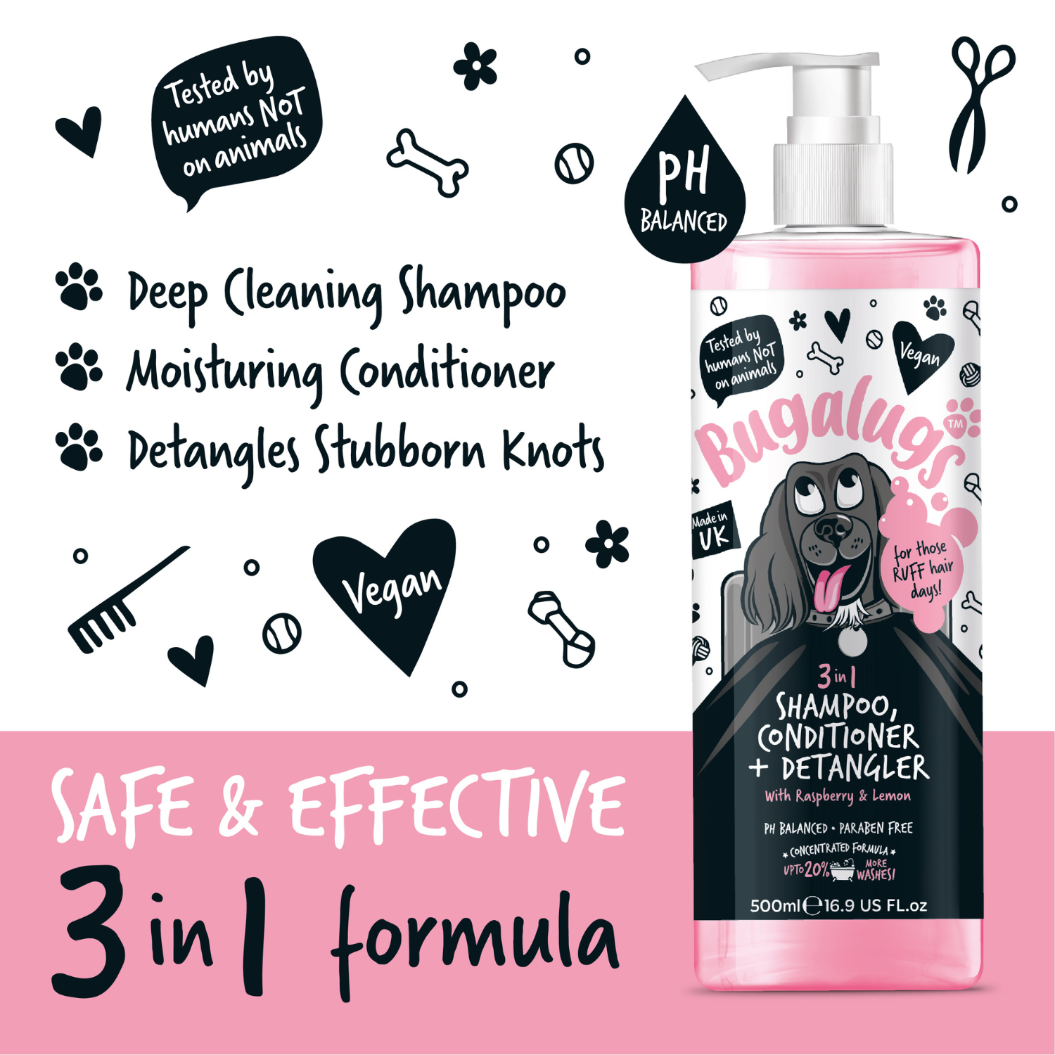 Bugalugs 3-in-1 Raspberry and Lemon Shampoo, Conditioner and Detangler - Safe & effective 3-in-1 formula