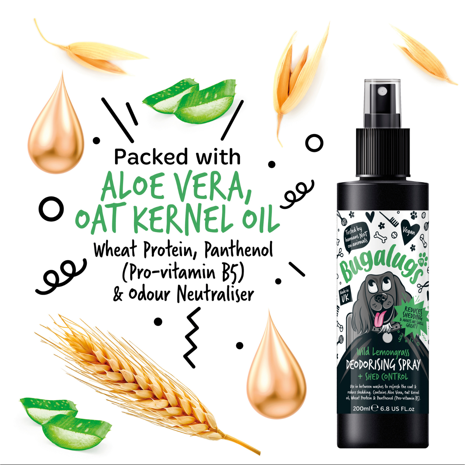 Bugalugs Wild Lemongrass Deodorising Spray with Shed Control for Dogs - Packed with Aloe Vera, Oat Kernel Oil, Wheat Protein, Panthenol and Odour Neutraliser