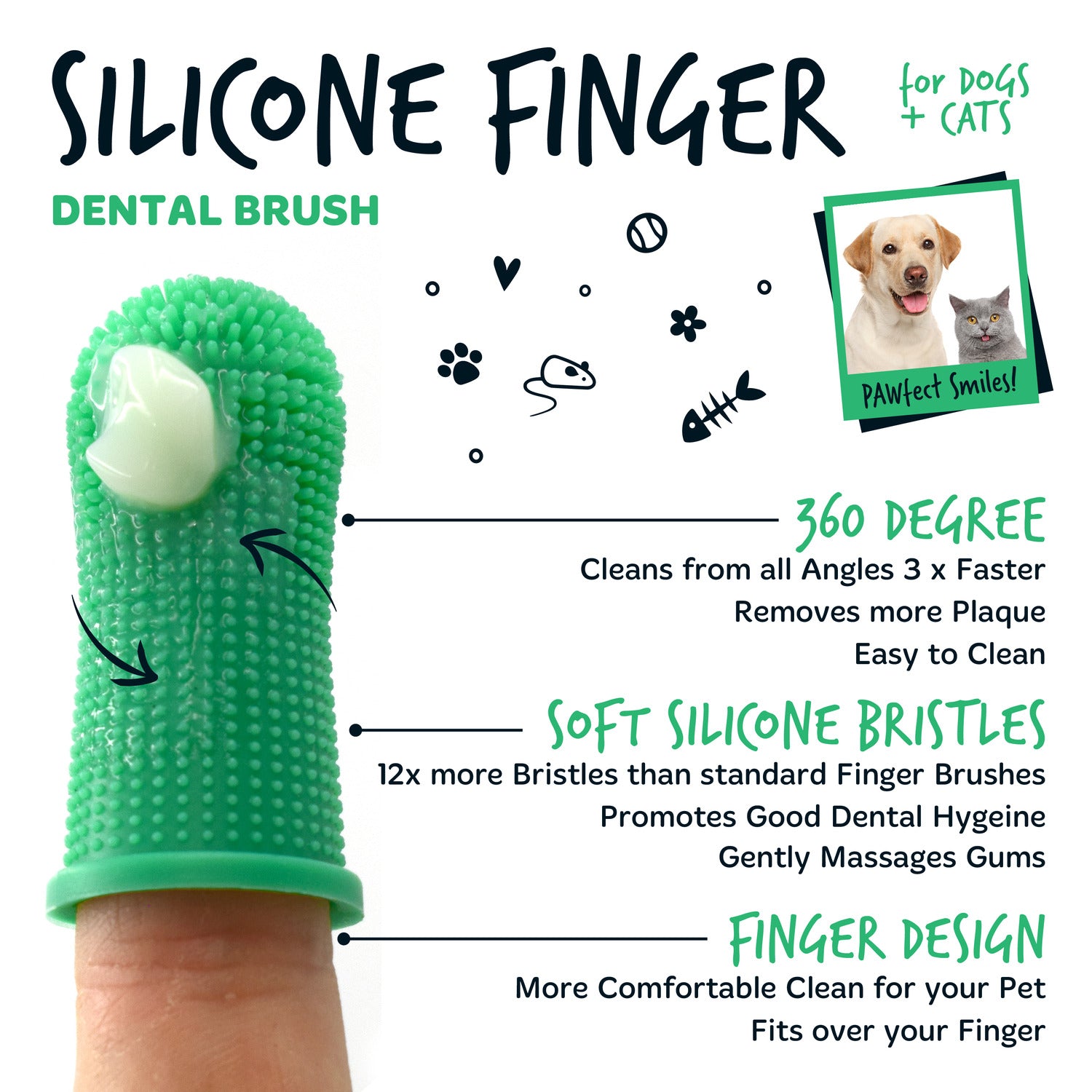 Pack of 3 Silicone Finger Dental Care Brushes for Dogs Cats